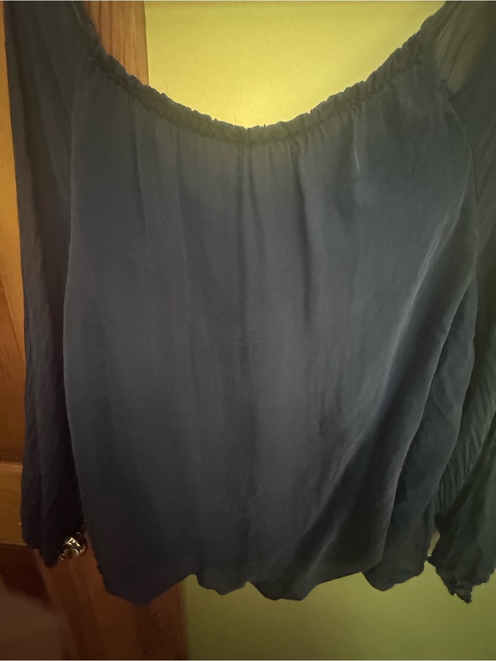 Flowy Navy Peasant silk Blouse with Button Front - Picture 6 of 7
